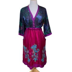 Johnny Was silk floral v neck empire waist dress with pockets size S